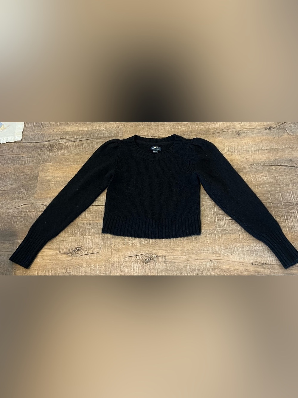 Maeve Anthropologie Black Crewneck cropped Puff-Sleeve Sweater